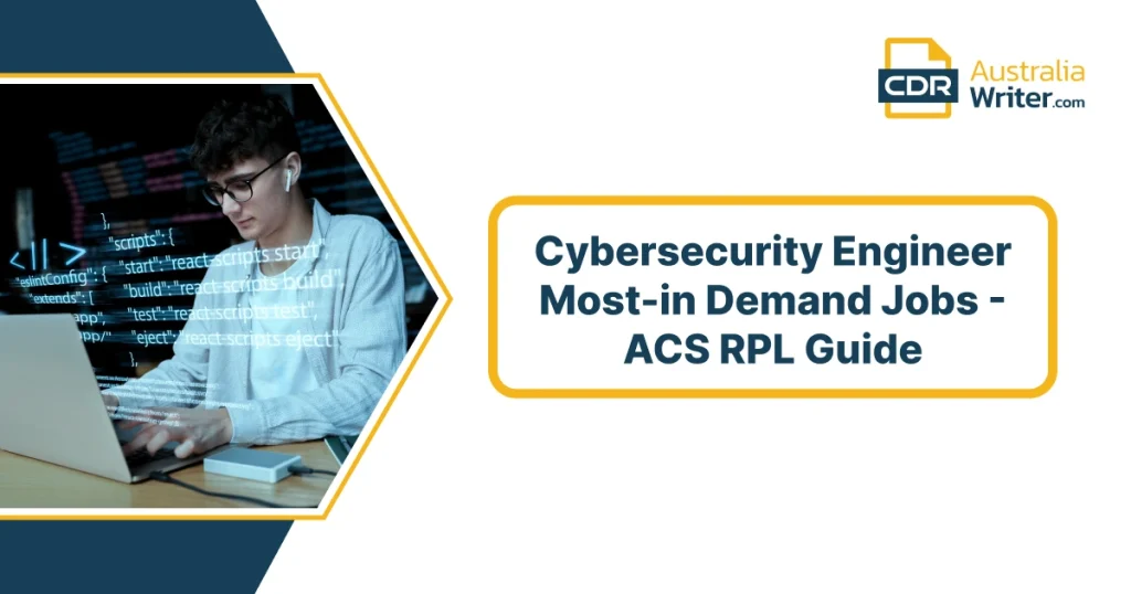 A cybersecurity engineer is working on a laptop with code on top of it. The code shows the ACS RPL guide for the most in-demand cybersecurity jobs in Australia.