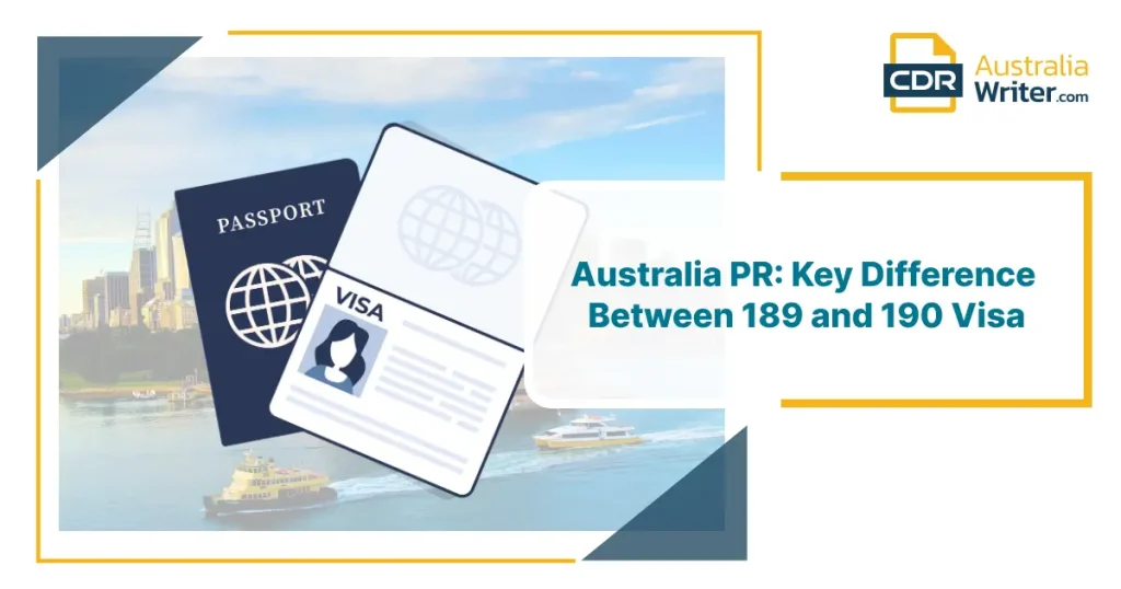 Image showing passport and visa document highlighting the difference between 189 and 190 visa for Australia PR