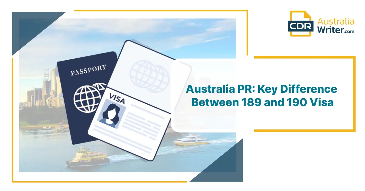 Image showing passport and visa document highlighting the difference between 189 and 190 visa for Australia PR