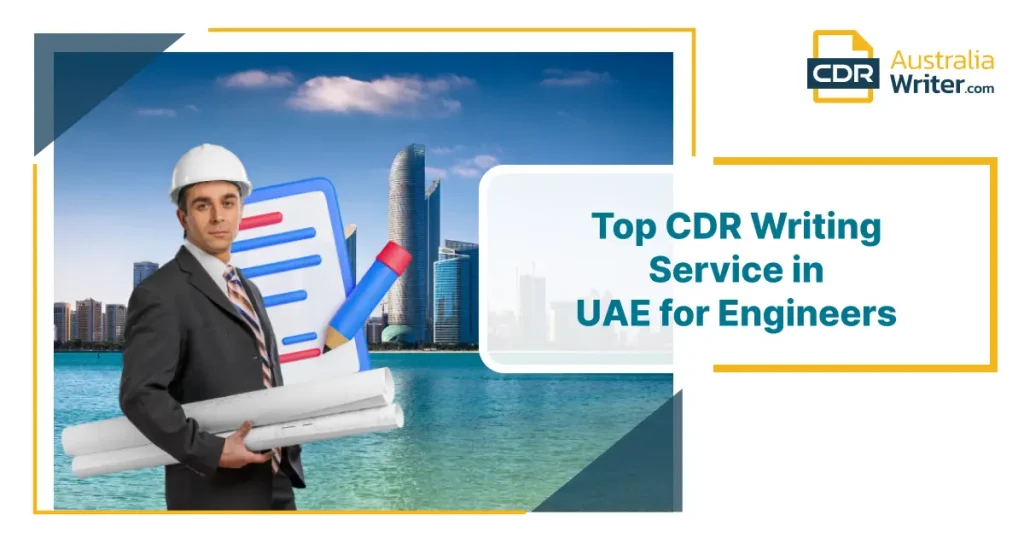 Professional engineer and project documents before UAE skyline, symbolizing the best CDR writing service in UAE for engineers.