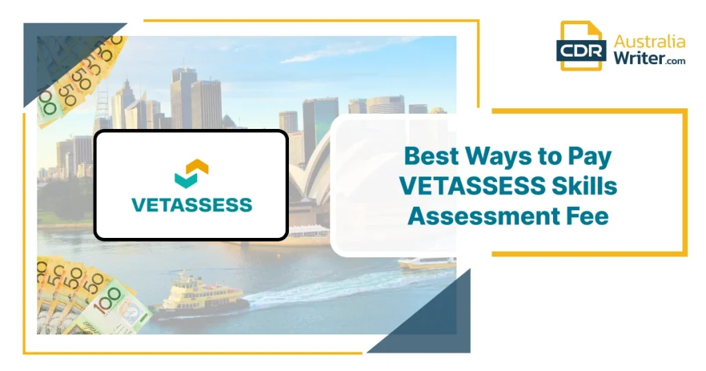 Graphic showing VETASSESS logo, Australian currency and Sydney skyline promoting the best ways to Pay VETASSESS Skills Assessment Fee