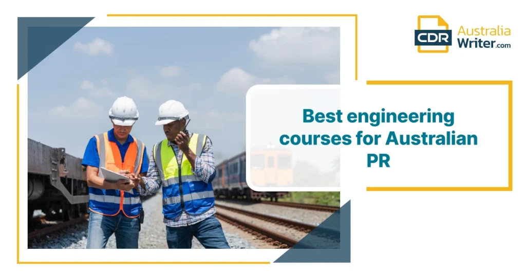 Two professional engineers discussing engineering courses for Australian PR at railway construction site wearing safety equipment and reviewing project documentation.