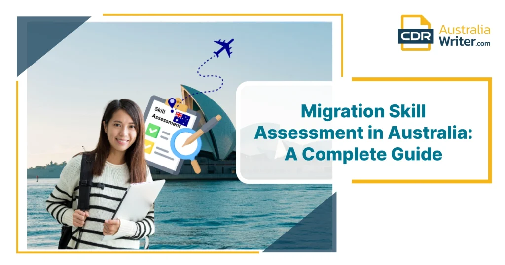 Student holding a tablet near Sydney Opera House with travel and document icons representing Migration Skill Assessment in Australia